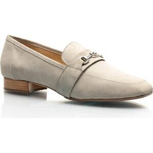 Joan Oloff Adonis Knot Tie Horse Bit Loafers in Taupe Nubuck Leather Sz 5